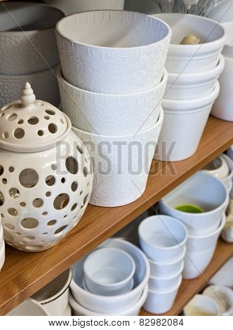 White Planters In The Florist Shop