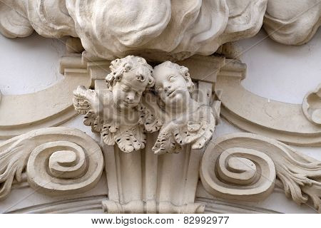 GRAZ, AUSTRIA - JANUARY 10, 2015: Angels on the portal of Mariahilf church in Graz, Styria, Austria on January 10, 2015.