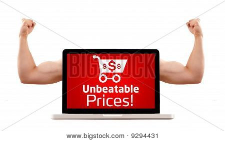 Laptop With Unbeatable Prices And Shopping Cart Sign