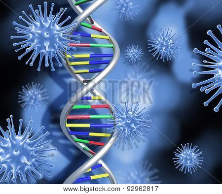 Colourful DNA strands on abstract background with 3D medical virus cells