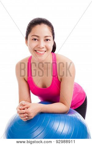 Healthy Woman - Girl Smiling And Leaning Fitness Ball Isolated On White