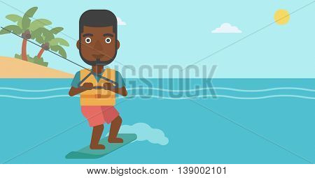 An african-american sportsman wakeboarding on the sea. Wakeboarder making tricks. Man studying wakeboarding. Man riding wakeboard. Vector flat design illustration. Horizontal layout.