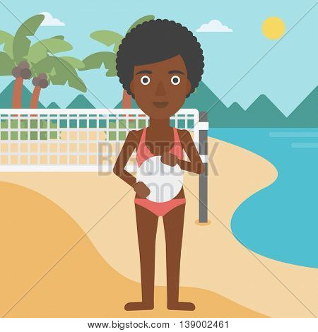 An african-american sports woman holding volleyball ball in hands. Sportive beach volleyball player standing at the shore with voleyball net. Vector flat design illustration. Square layout.
