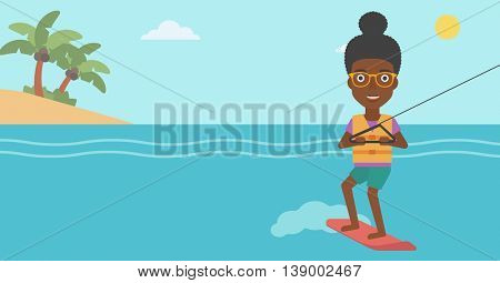 An african-american sports woman wakeboarding on the sea. Wakeboarder making tricks. Woman studying wakeboarding. Young woman riding wakeboard. Vector flat design illustration. Horizontal layout.