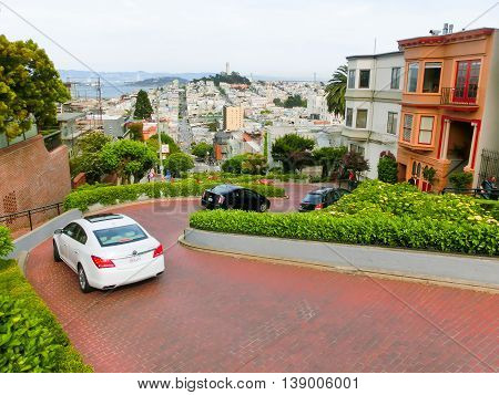 San Francisco, United States of America - May 04, 2016: View of Lombard Street in San Francisco , California, USA. Lombard street is crookedest street in the world.