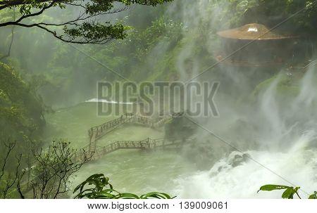 Landscape mist under waterfalls in the highlands create poetic beauty when watching