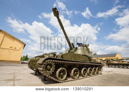 ZHITOMIR UKRAINE - MAY 23 2016 : Russian battle tank close up: self-propelled armored artillery old howitzer 152mm howitzer 2C3 Akacia
