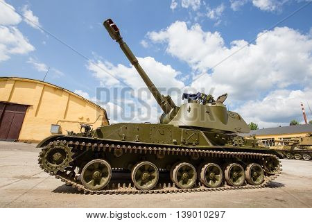 ZHITOMIR UKRAINE - MAY 23 2016 : Russian battle tank close up: self-propelled armored artillery old howitzer 152mm howitzer 2C3 Akacia