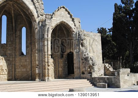the ruins of a medieval church in the city park in Rhodes