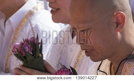 Man Who Will Become Buddhism Monk Praying In Ordination Ceremony