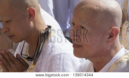 Man Who Will Become Buddhism Monk Sitting And Waiting For Ordination Ceremony