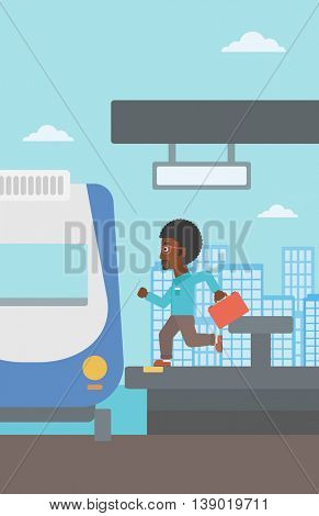 An african-american latecomer man with briefcase running along the platform to reach the train. Hipster man came too late at train station. Vector flat design illustration. Vertical layout.