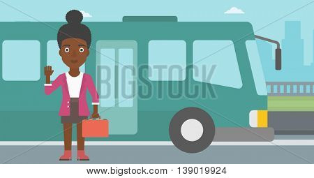 An african-american young woman with suitcase standing at the entrance door of a bus on a city background. Young woman waving in front of a bus. Vector flat design illustration. Horizontal  layout.