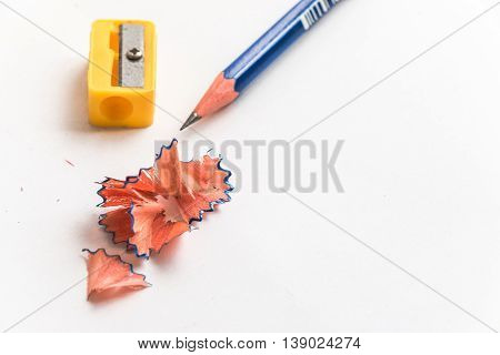Pencil And Pencil Sharpener On White Background