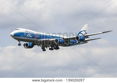 FRANKFURT GERMANY - JULY 12 2016: AirBridgeCargo Boeing 747-8F cargo aircraft approaching Frankfurt Main international airport