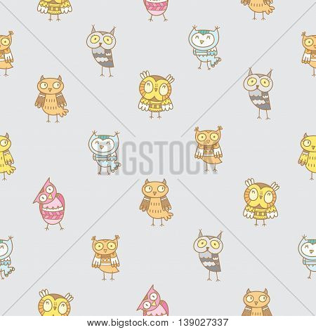 Seamless pattern with various species of cute cartoon colorful owls on  gray  background.  Little funny forest birds. Children's illustration. Vector image.