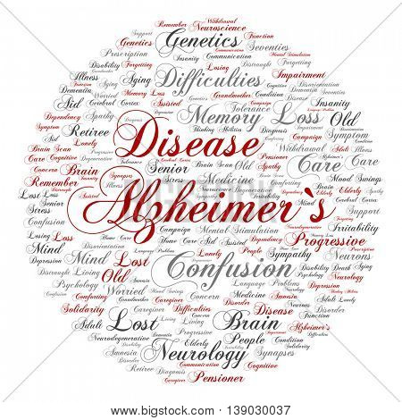 Concept conceptual Alzheimer`s disease symtoms abstract round word cloud isolated on background