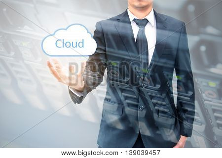 Double Expoure Of Cloud Computing Concept On Hand Of A Businessman With Servers Computing Technology