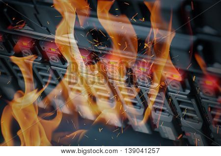 Disaster In Data Center Room Server And Storage On Fire Burning
