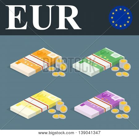 Abstract EUR banknotes and coins. Isometric style