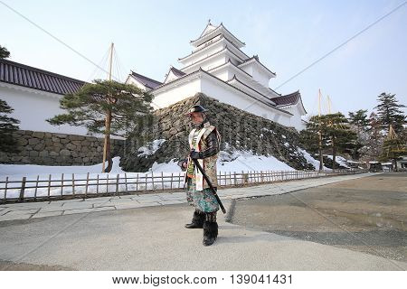 FUKUSHIMA, JAPAN - FEB 28,2014: Tsuruga Castle was built in 1384 and changed hands many times between the different rulers of the Aizu region.