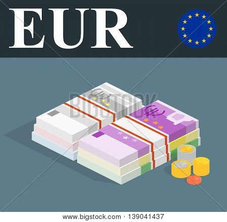 Abstract EUR banknotes and coins. Isometric style