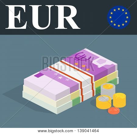 Abstract EUR banknotes and coins. Isometric style