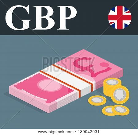 Abstract GBP banknotes and coins. Isometric style