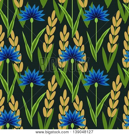 Seamless floral pattern with cornflowers and wheat