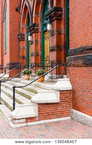 Medieval Architecrure With Red Brick And Concrete Stairs