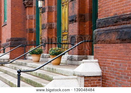 Medieval Architecrure With Red Brick And Concrete Stairs