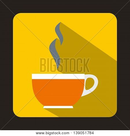 Glass cup of tea icon in flat style on a yellow background