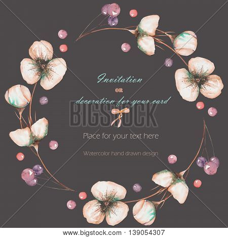 Wreath, circle frame with the watercolor pink abstract flowers and berries, hand drawn on a dark background, wedding design, greeting card or invitation