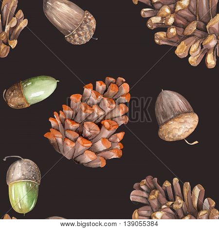 A seamless pattern with a floral ornament of the watercolor forest oak acorns and fir cones on a dark background