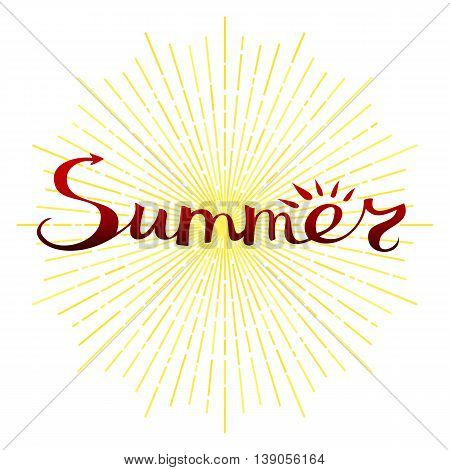 Summer lettering. Freehand word and abstract sun with rays. Hipster style decorative design element. Vector illustration.