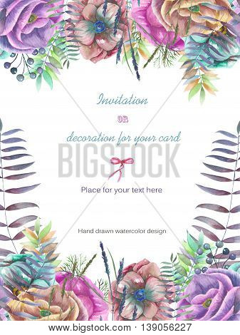 Background, template postcard with the watercolor anemone flowers, fern and branches hand drawn on a white background, background for your card and work