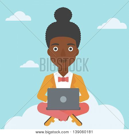 An african-american woman  sitting on a cloud with a laptop on her knees. Happy woman using cloud computing technology. Cloud computing concept. Vector flat design illustration. Square layout.