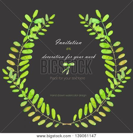 Wreath, circle frame with the acacia tree branches, hand drawn on a dark background, background for your card and work