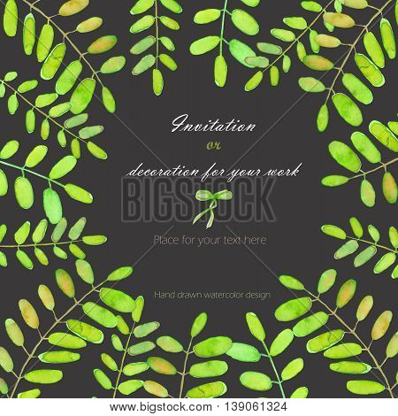 Background, template postcard with the acacia tree branches, hand drawn on a dark background, background for your card and work