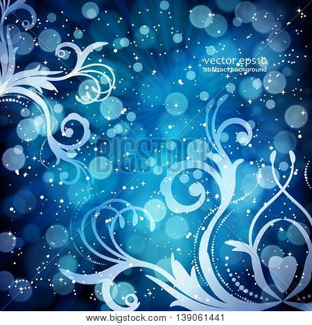 Abstract floral pattern on a blue background, made of transparent rays, stars, bokeh. Magical fantasy flowers design card.  Vector illustration.