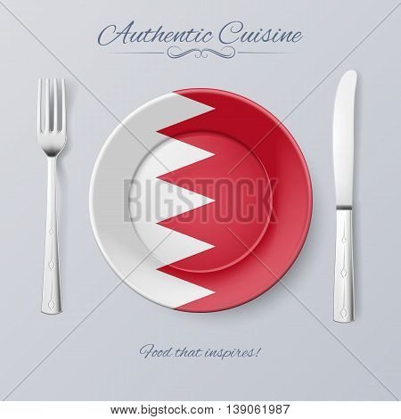 Authentic Cuisine of Bahrain. Plate with Bahraini Flag and Cutlery