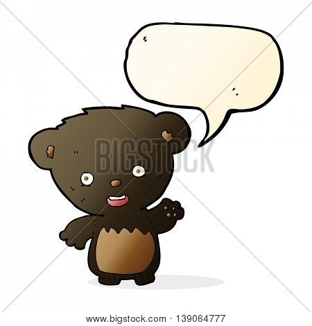 cartoon black bearcub waving with speech bubble