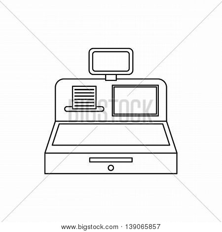 Cash register with cash drawer icon in outline style isolated vector illustration