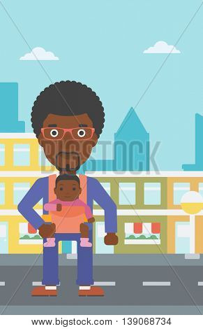 An african-american father carrying daughter in sling. Father with baby in sling walking in the city street. Young father carrying newborn in sling. Vector flat design illustration. Vertical layout.