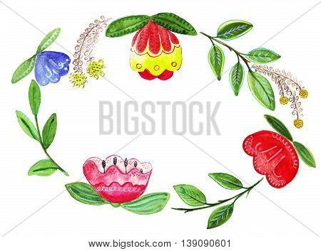 Illustration bright oval frame of colorful flowers with place for text