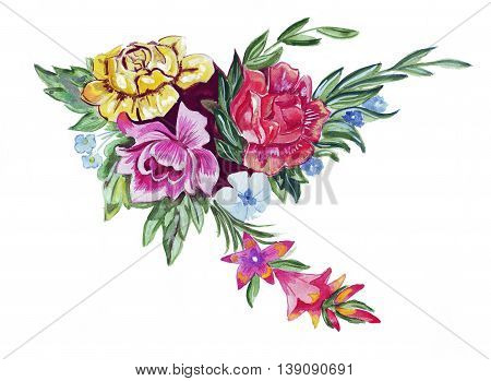 Illustration sketch of a large bouquet of fresh spring flowers: peonies, asters, dahlias and greenery for decorations