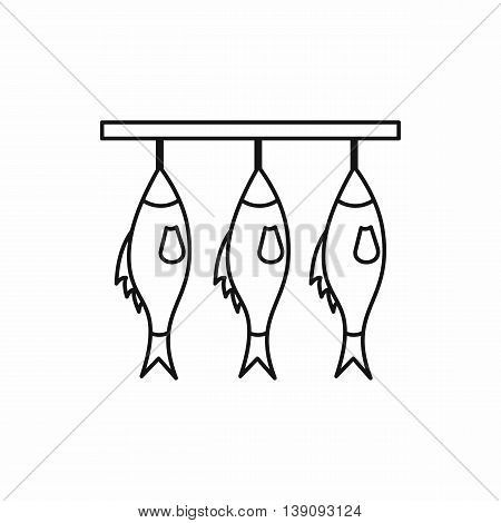 Three dried fish hanging on a rope icon in outline style isolated vector illustration