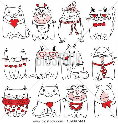 Vector Valentine cute cats with red hearts.