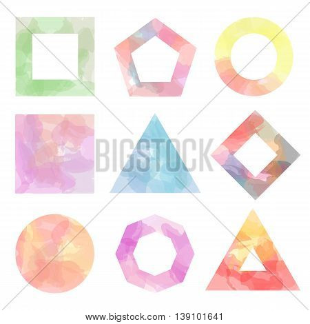 Set of nine simple figures with watercolor backgrounds. Vector illustration f circles, squares, triangles and polygons. Not traced. Pastel