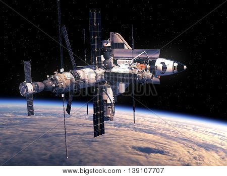 Space Shuttle And Space Station Orbiting Earth. 3D Illustration.